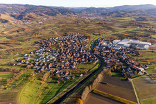 Aerial view of Town on the banks of the river of the river Rench in Stadelhofen in the state Baden-Wurttemberg, Germany