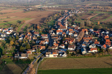 Aerial photograpy of Agricultural land and field borders surround the settlement area of the village in Bohlsbach in the state Baden-Wurttemberg, Germany