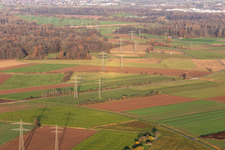 Aerial view of Reflectors on high-voltage lines in Offenburg in the state Baden-Wuerttemberg, Germany