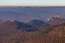 Aerial view of Trifels, Anebos and Scharfenberg in Annweiler am Trifels in the state Rhineland-Palatinate, Germany