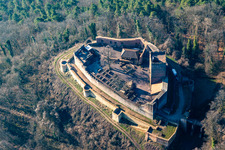 Aerial view of Ruins and vestiges of the former fortress Burg Landeck in Klingenmuenster in the state Rhineland-Palatinate, Germany
