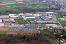 Aerial view of Technical facilities in the industrial area Riburg with Rodi Fructus, Kuehne + Nagel, DPD, Galliker Transport AG and Louis Ditzler AG in Moehlin in the canton Aargau, Switzerland