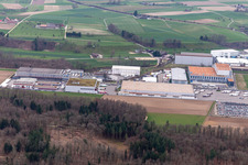 Aerial photograpy of Technical facilities in the industrial area Riburg with Rodi Fructus, Kuehne + Nagel, DPD, Galliker Transport AG and Louis Ditzler AG in Moehlin in the canton Aargau, Switzerland