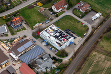 Office building Moonlight International GmbH with coloured Balls on the rooftop in Schwoerstadt in the state Baden-Wurttemberg, Germany