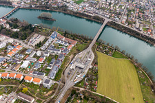 Aerial view of Border crossing - customs facility restricted to cross the Rhine via the Fridolinsbruecke to Stein in Switzerland in Bad Saeckingen in the state of Baden-Wuerttemberg, Germany