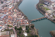 Schönau Castle and wooden bridge over the Rhine to Stein (CH) in Bad Säckingen in the state Baden-Wuerttemberg, Germany