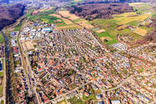 City view along the course of the river Wiese from the east in Steinen in the state Baden-Wuerttemberg, Germany