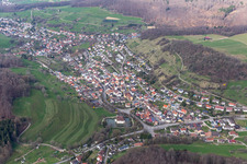 Aerial view of Town View of the streets and houses of the residential areas and Water-castle in Inzlingen in the state Baden-Wurttemberg, Germany