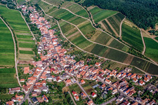 Aerial view of Wine-growing town on the edge of the Haardt from the east in Ranschbach in the state Rhineland-Palatinate, Germany