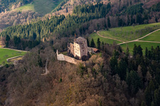 Aerial view of Ruins and vestiges of the former castle and fortress Burg Hohengeroldseck on Schlossberg in Seelbach in the state Baden-Wurttemberg