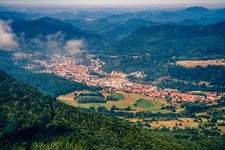 Aerial photograpy of Trifels Castle in Annweiler am Trifels in the state Rhineland-Palatinate, Germany