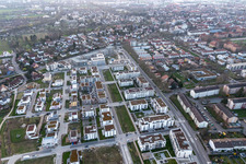 Aerial view of Construction site of a new residential area of the terraced housing estate Im Seidenfaden in Offenburg in the state Baden-Wuerttemberg, Germany