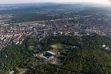 Aerial view of Extension and conversion site on the sports ground of the stadium " Wildparkstadion " in Karlsruhe in the state Baden-Wurttemberg, Germany