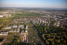 Emmy-Noether-Straße with Technology Park Karlsruhe and allotment garden association Hirtenweg eV in the district Rintheim in Karlsruhe in the state Baden-Wuerttemberg, Germany