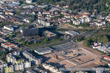 Aerial view of Construction site in front of Deutsche Telekom in Neustadt an der Weinstraße in the state Rhineland-Palatinate, Germany