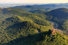Aerial view of The 3 castles Trifels, Anebos and Münz in Annweiler am Trifels in the state Rhineland-Palatinate, Germany