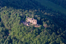 Aerial photograpy of Ruins and vestiges of the former castle and fortress Burg Meistersel in Ramberg in the state Rhineland-Palatinate, Germany