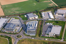 Aerial view of Industrial area in the Speyer Valley with Kardex Software GmbH and ITK Engineering GmbH in Rülzheim in the state Rhineland-Palatinate, Germany