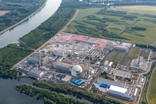 Aerial view of Remains of the decommissioned reactor blocks and facilities of the nuclear power plant - KKW Kernkraftwerk EnBW Kernkraft GmbH, Philippsburg nuclear power plant and rubble of the two cooling towers in Philippsburg in the state Baden-Wuerttemberg, Germany