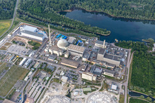 Former Phillippsburg nuclear power plant after the demolition of the two cooling towers in Philippsburg in the state Baden-Wuerttemberg, Germany viewn from the air