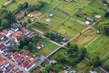 Aerial view of Gardens at the village stream in Gänsried in Freckenfeld in the state Rhineland-Palatinate, Germany