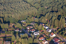 At Sägmühlweiher and Bitscher Straße from the southeast in Ludwigswinkel in the state Rhineland-Palatinate, Germany from above