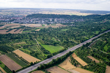 Aerial view of Motorway exit A81 in the district Gültstein in Herrenberg in the state Baden-Wuerttemberg, Germany