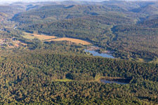 Pfälzerwoog and Zwickmühle campsite at the Saarbach mill pond in Fischbach bei Dahn in the state Rhineland-Palatinate, Germany