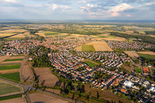 Aerial view of Village view on the edge of agricultural fields and land in Rheinzabern in the state Rhineland-Palatinate, Germany