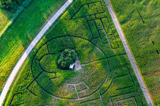 Aerial view of Maze - Corn-Labyrinth Maislabyrinth bei Hofcafee Onkel Oskar of Bolz Landhandel GmbH in a field in Dettenheim in the state Baden-Wuerttemberg, Germany