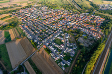 Village view on the edge of agricultural fields and land in Russheim in the state Baden-Wuerttemberg, Germany