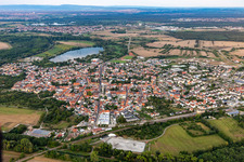 Aerial view of Town View of the streets and houses of the residential areas in Philippsburg in the state Baden-Wuerttemberg, Germany