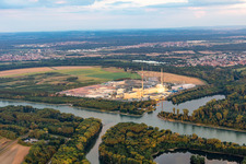Remains of the decommissioned reactor blocks and facilities of the nuclear power plant - KKW Kernkraftwerk EnBW Kernkraft GmbH, Philippsburg nuclear power plant and rubble of the two cooling towers at the shore of the Rhine river in Philippsburg in the state Baden-Wuerttemberg, Germany