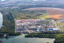 Aerial photograpy of ENBW nuclear power plant under dismantling with construction site of the DC converter in Philippsburg in the state Baden-Wuerttemberg, Germany