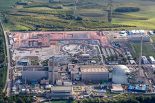 Oblique view of ENBW nuclear power plant under dismantling with construction site of the DC converter in Philippsburg in the state Baden-Wuerttemberg, Germany