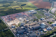 ENBW nuclear power plant under dismantling with construction site of the DC converter in Philippsburg in the state Baden-Wuerttemberg, Germany from above