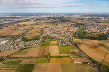 Aerial photograpy of Village on the banks of the area Neckar - river course in Mannheim in the state Baden-Wuerttemberg, Germany