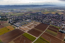 Location view of the streets and houses of residential areas in the valley of the Rhine surrounded by mountains of the Odenwald in Heddesheim in the state Baden-Wuerttemberg, Germanyjcoffee1