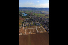 New development area "Mitten im Feld" and Odenwaldstr in Heddesheim in the state Baden-Wuerttemberg, Germany from a drone
