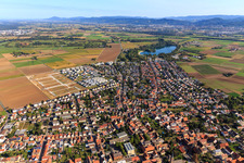 Aerial view of New development area "Mitten im Feld" and Odenwaldstr in Heddesheim in the state Baden-Wuerttemberg, Germany