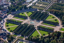 Aerial photograpy of Rokoko Park of Gardens and Castle of Schwetzingen in Schwetzingen in the state Baden-Wurttemberg, Germany