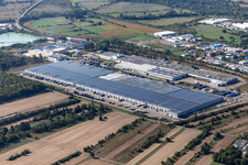 Building and production halls on the premises of Goodyear Dunlop Tires Germany on Goodyearstrasse in Philippsburg in the state Baden-Wuerttemberg, Germany