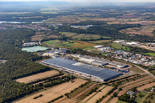 Aerial view of Building and production halls on the premises of Goodyear Dunlop Tires Germany on Goodyearstrasse in Philippsburg in the state Baden-Wuerttemberg, Germany