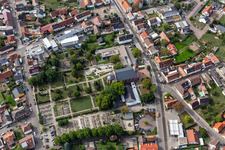Aerial view of Protestant Church Linkenheim in the district Linkenheim in Linkenheim-Hochstetten in the state Baden-Wuerttemberg, Germany