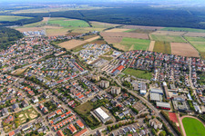 Aerial view of New development area Am Biegen in the district Hochstetten in Linkenheim-Hochstetten in the state Baden-Wuerttemberg, Germany