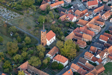 Aerial view of Protestant Church in Hunspach in the state Bas-Rhin, France
