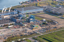 Aerial view of Construction of the new gas- hydrogen-power plant at paer mill Papierfabrik Palm GmbH & Co. KG in the district Industriegebiet Woerth-Oberwald in Woerth am Rhein in the state Rhineland-Palatinate