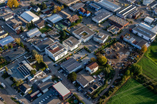 Aerial view of Data center building and online data processing hub " Stiftung Kirchliches Rechenzentrum Suedwestdeutschland " in Eggenstein in the state Baden-Wuerttemberg, Germany