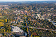 Routing and traffic lanes during the highway exit and access the motorway A 5 in the district Durlach in Karlsruhe in the state Baden-Wurttemberg, Germany