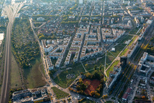 Modern residential development at the Citypark (Stadtpark Südost) on Ludwig Erhard Allee in the district Südstadt in Karlsruhe in the state Baden-Wuerttemberg, Germany